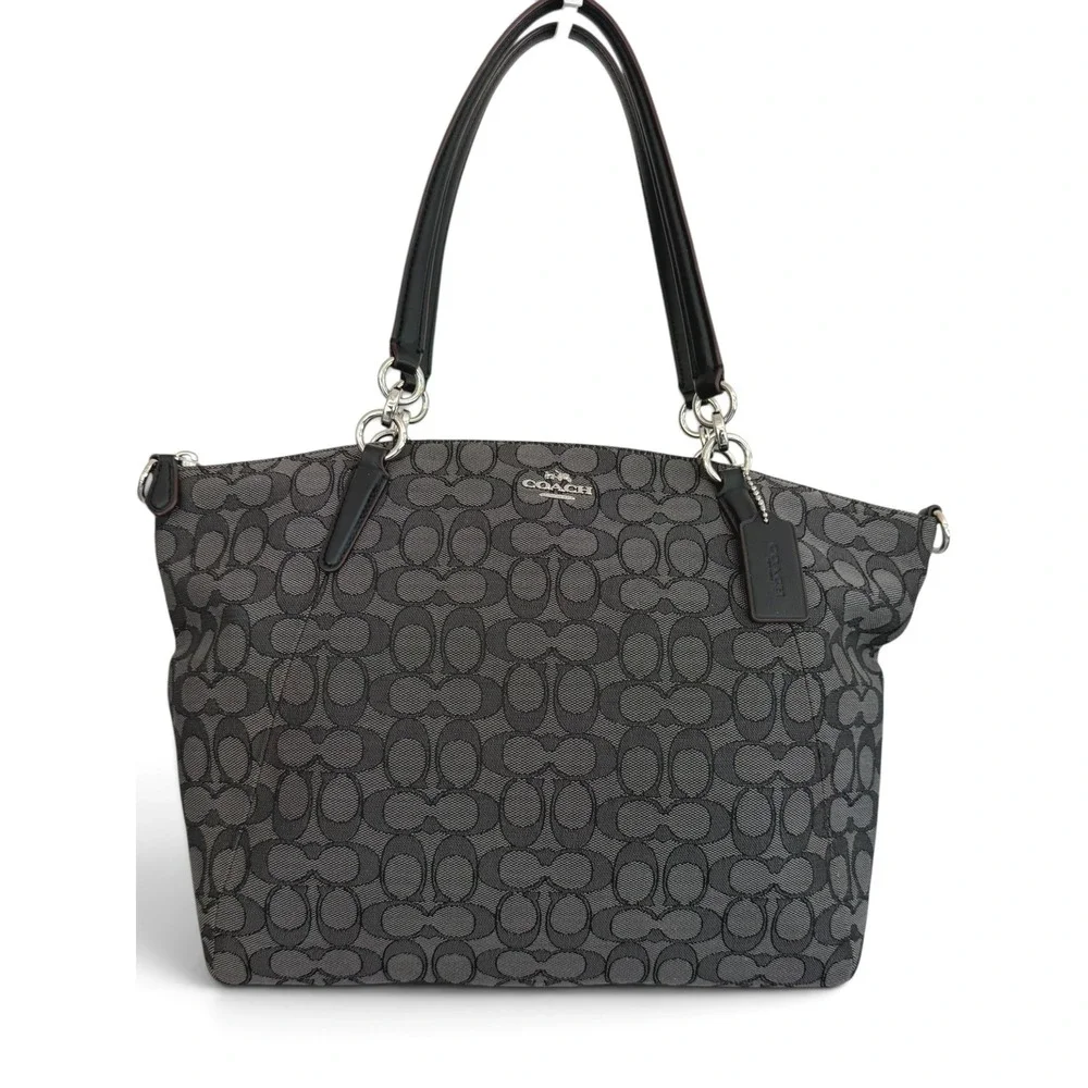 Coach Signature Canvas Tote Black Gray Zip Top Shoulder Bag Crossbody Strap - Picture 1 of 13